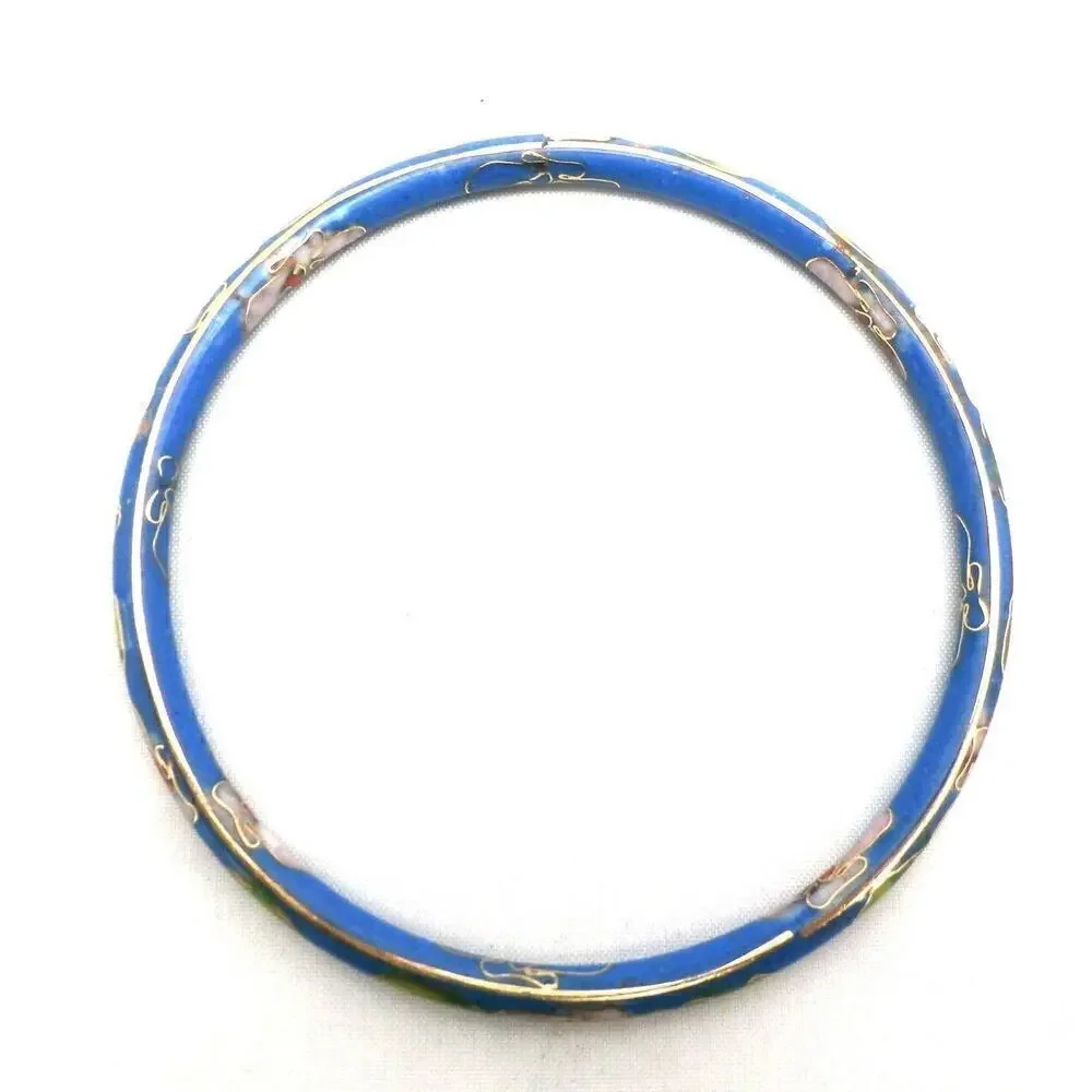 Vintage Bangle Bracelet Blue Floral Chinese Cloisonné Gold 1920s